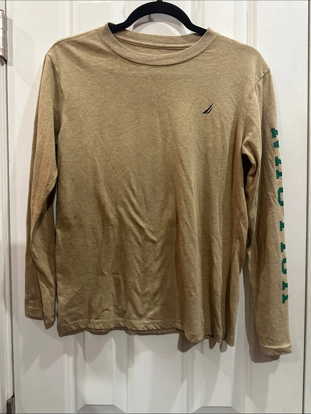 NWOT Kids Nautica Tan Long Sleeve Shirt with Green Sleeve Lettering size 14/16